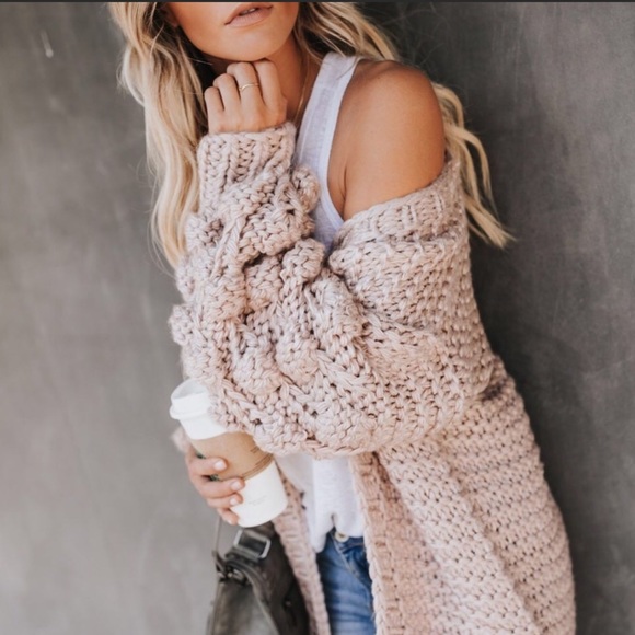 Honeycomb Sleeve Fuzzy Cardigan Knit Sweater Taupe - Picture 6 of 7